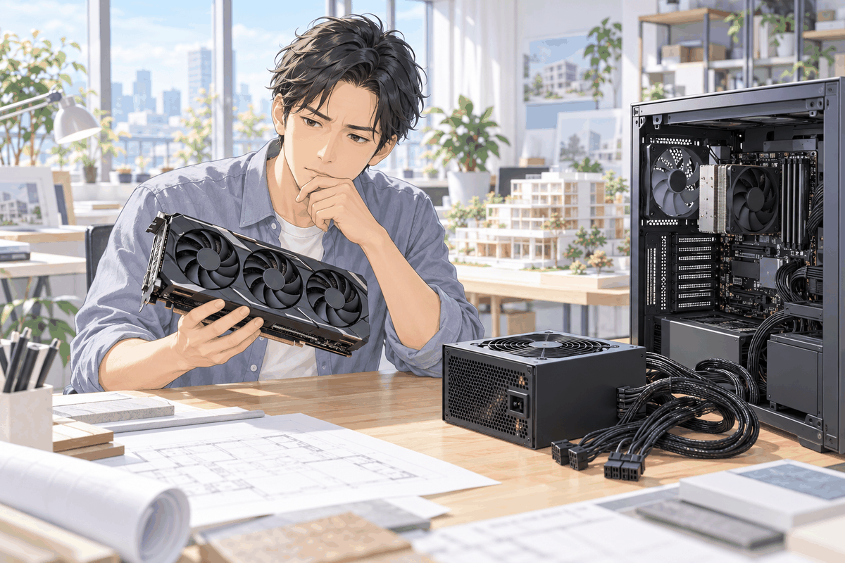 グラフィックボードを手にして、机の上の電源ユニットとパソコンを見比べている人の挿絵