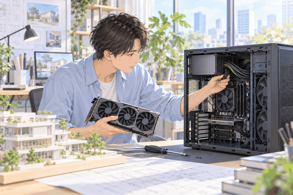 グラフィックボードを手にして、パソコンの中の電源ユニットの配線を確かめている人の挿絵