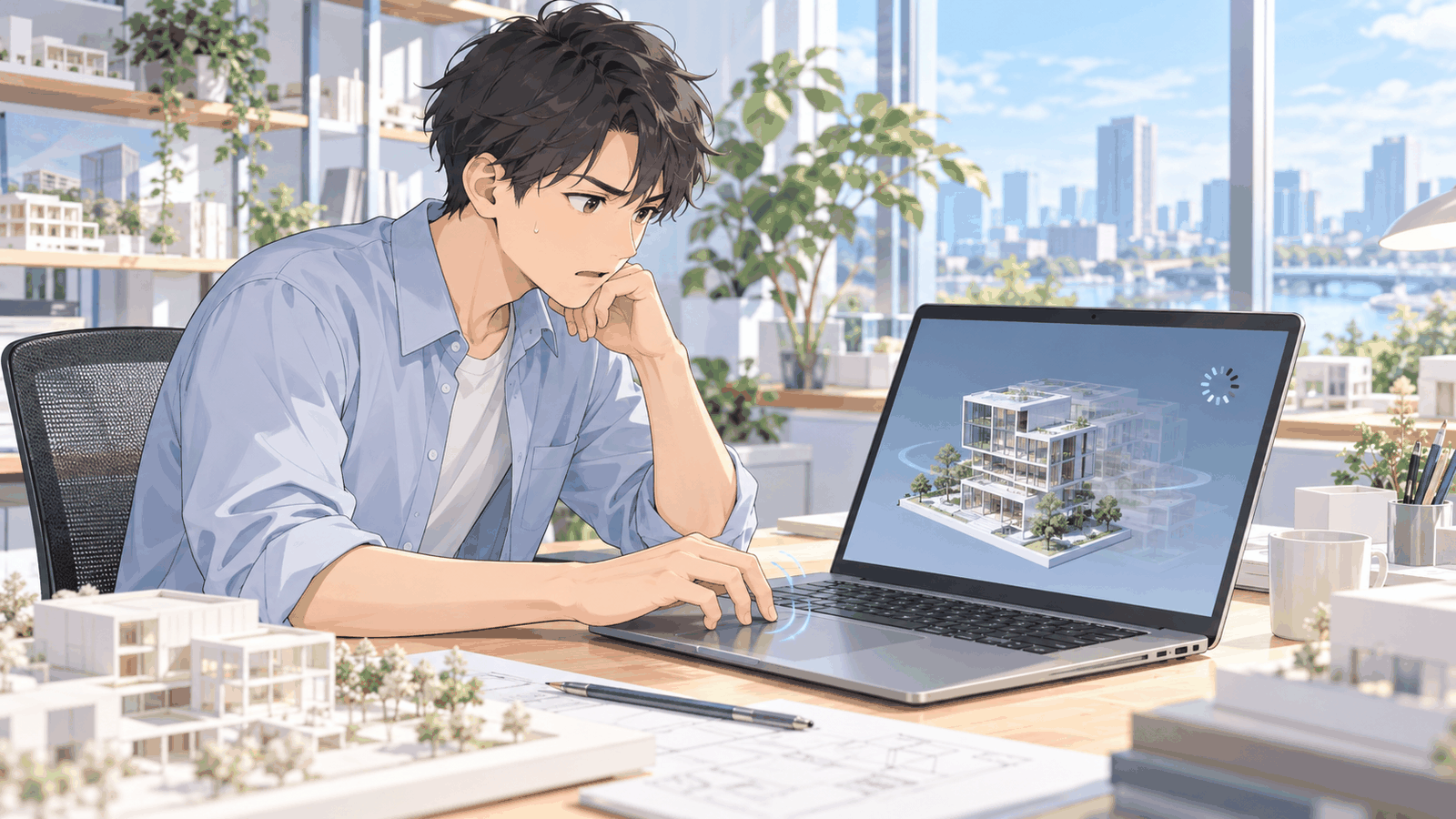 手元のノートパソコンで建物の3Dのモデルを回しながら、画面の遅れを気にしている人の挿絵