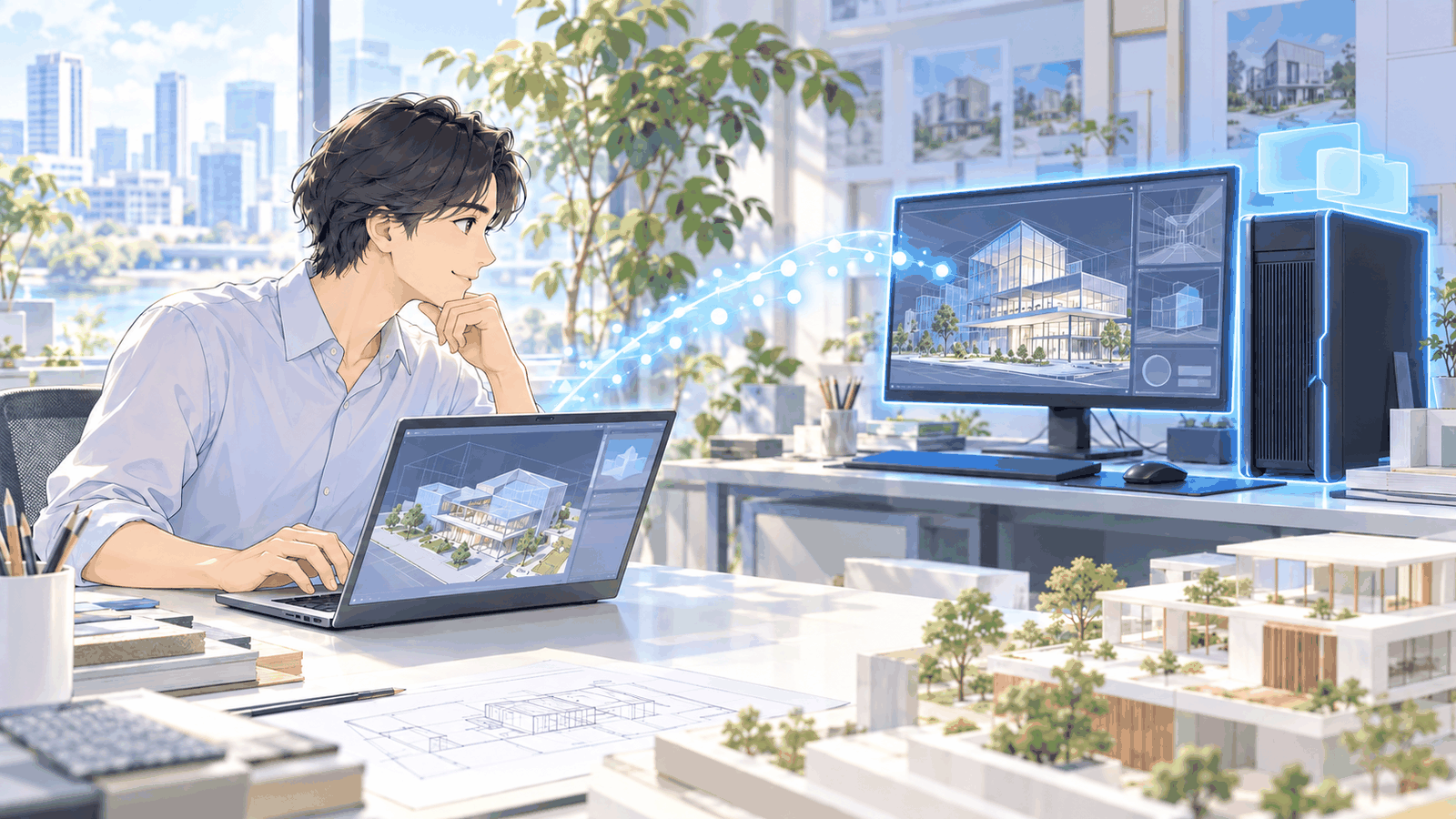 手元のノートパソコンと、つなぐ先の事務所のパソコンの2台を見比べている人の挿絵