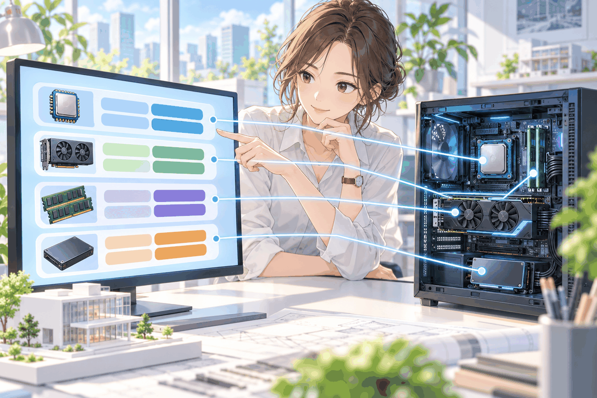 画面の表の欄と、パソコンの中の部品が線で結ばれているのを見ている人の挿絵