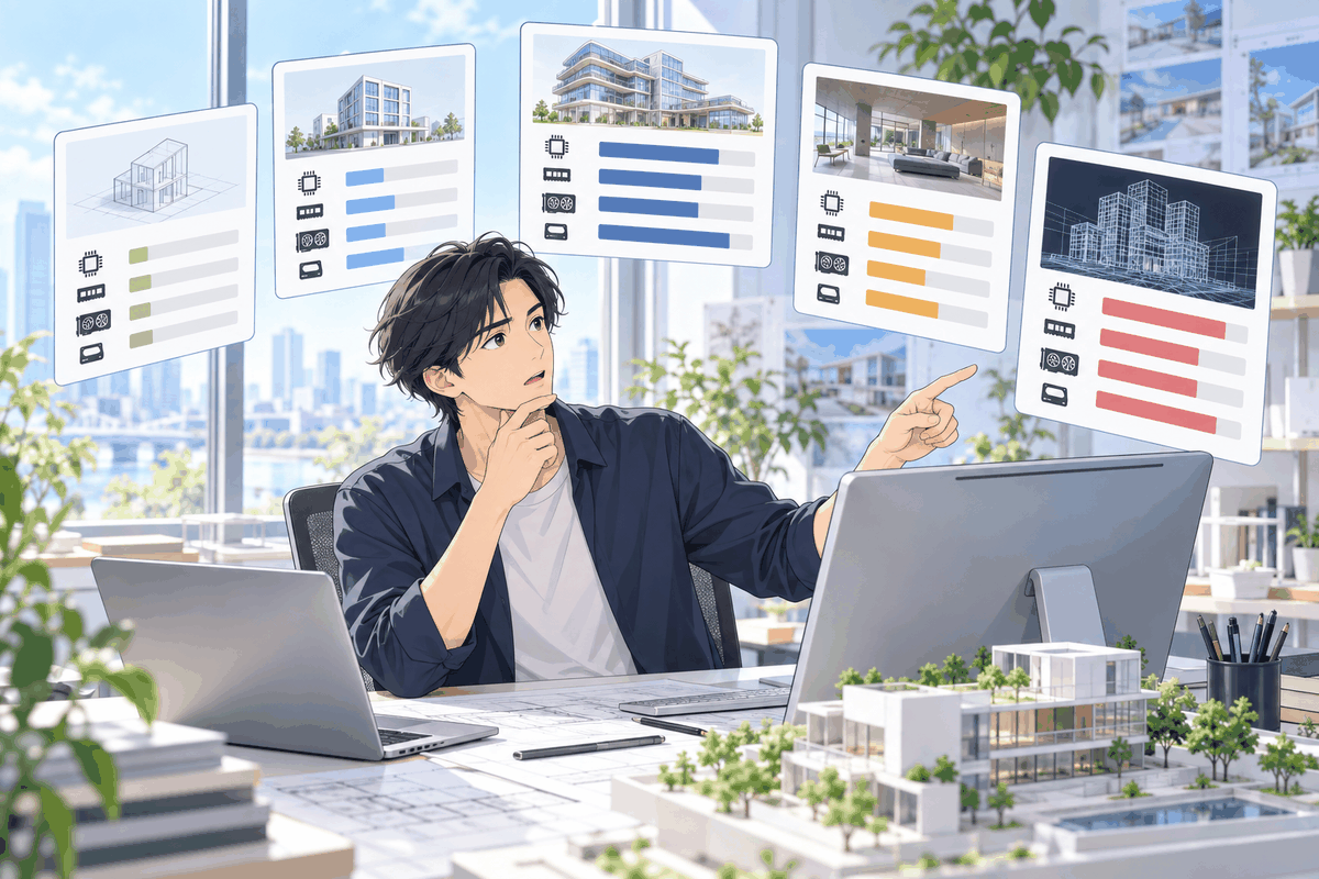 いくつものソフトの表が宙に並ぶ前で、指さして見比べている人の挿絵