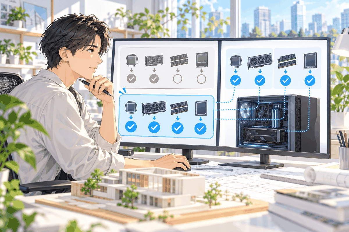 画面の2つの表と、パソコンの部品を見比べている人の挿絵