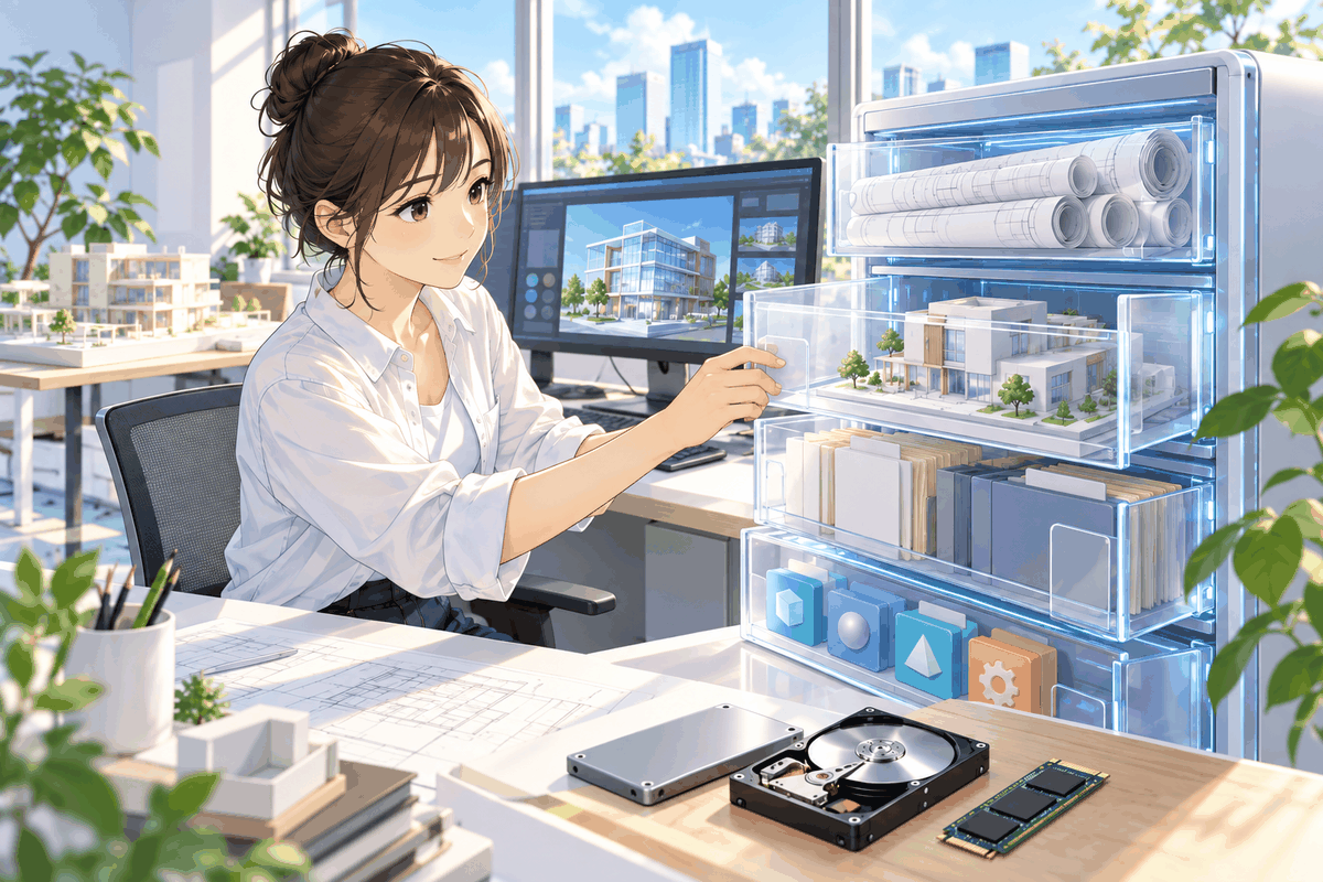 引き出しのような棚に図面や模型をしまっている人と、机の上のHDDとSSDの挿絵