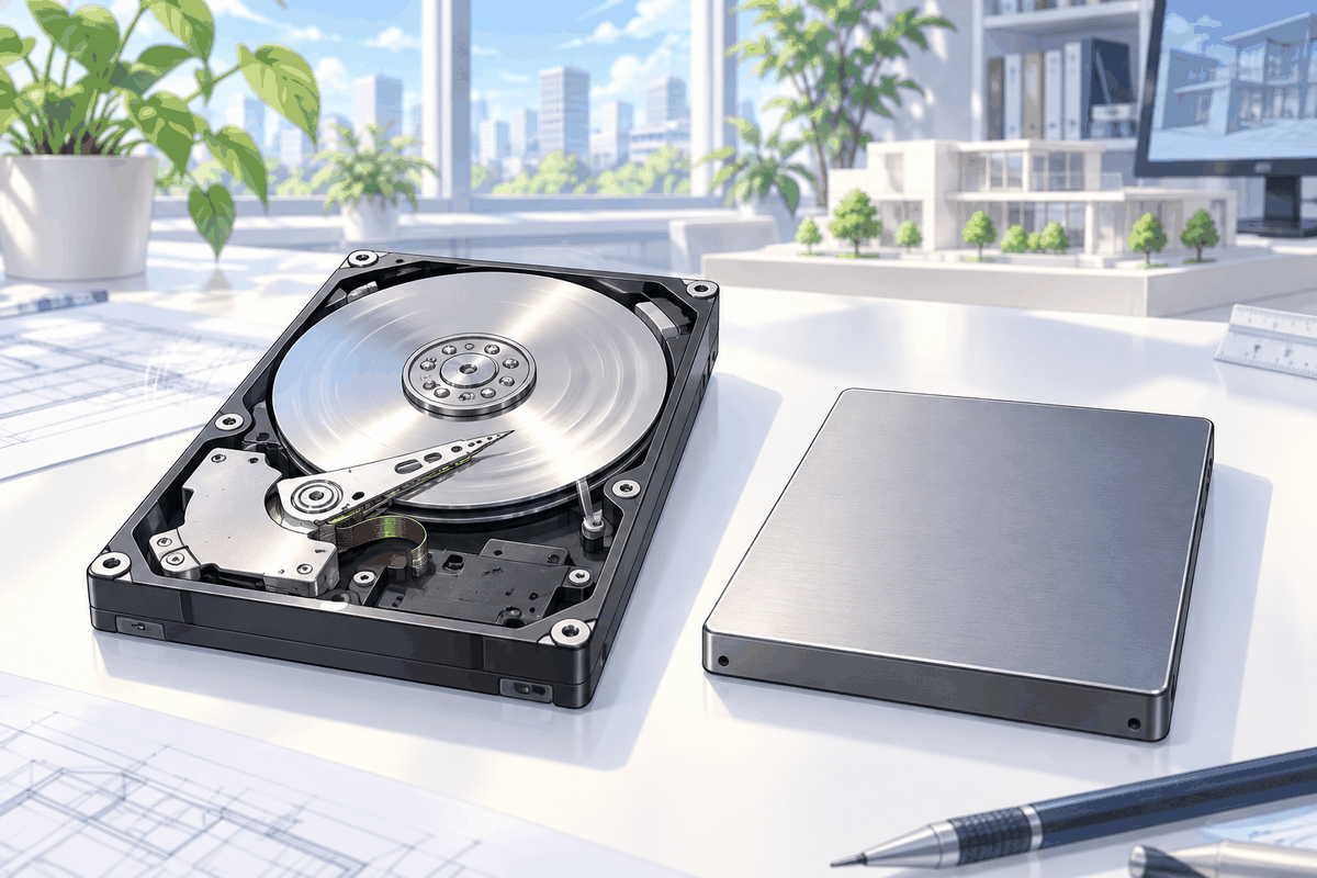 円盤の見えるHDDと、箱の形のSSDを並べた挿絵