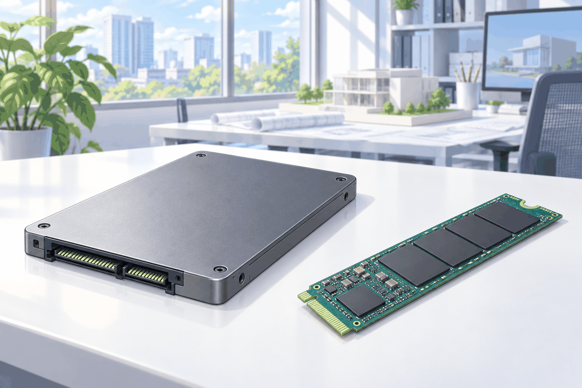 箱の形の2.5インチのSSDと、板の形のM.2のSSDを並べた挿絵