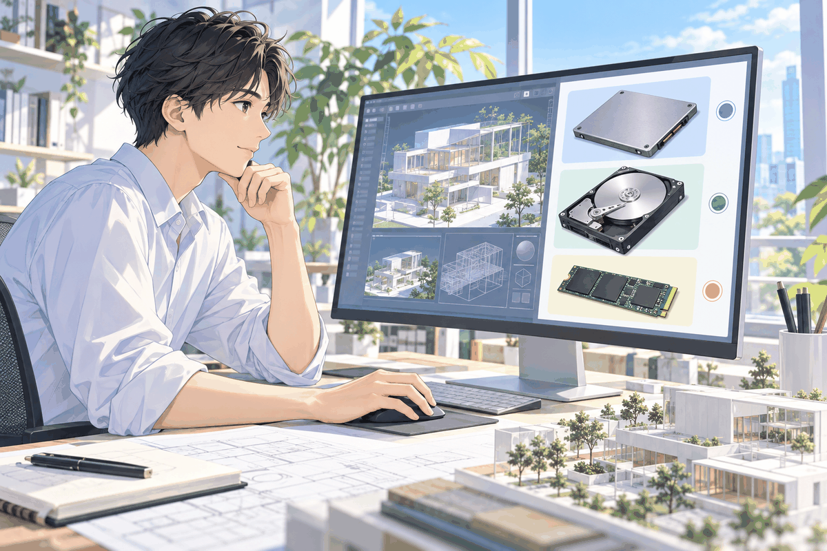 画面に並んだストレージの絵を見比べている人の挿絵