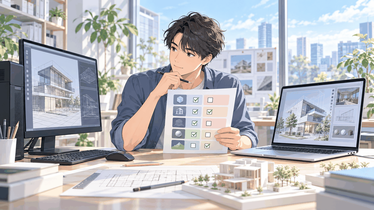 ソフトの一覧の紙を持ち、デスクトップとノートパソコンを見比べている人の挿絵