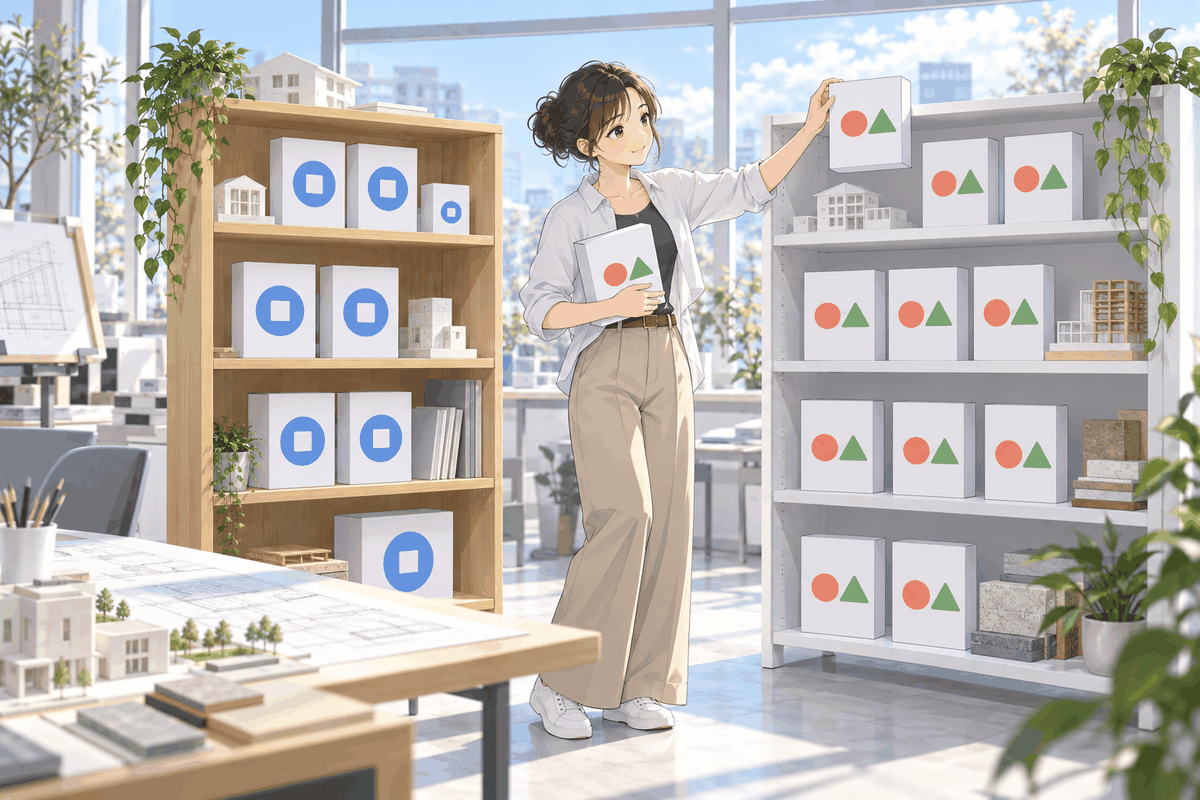 2つの棚に、印の違う箱を分けて並べている人の挿絵