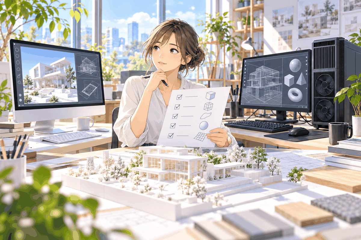 ソフトの名前を書いたメモを持ち、2台のパソコンの前で考えている人の挿絵