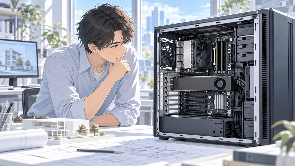 ふたを開けたパソコンの中の、たくさんの差し込み口とグラフィックボードを見ている人の挿絵