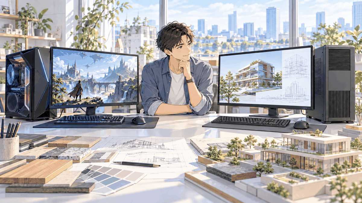 光るゲーム向けのパソコンと、落ち着いた業務用のパソコンを並べて見比べている人の挿絵