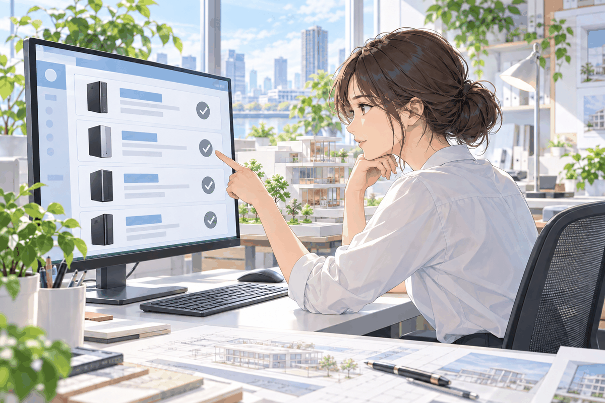 画面に並んだ一覧を指さして確かめている人の挿絵