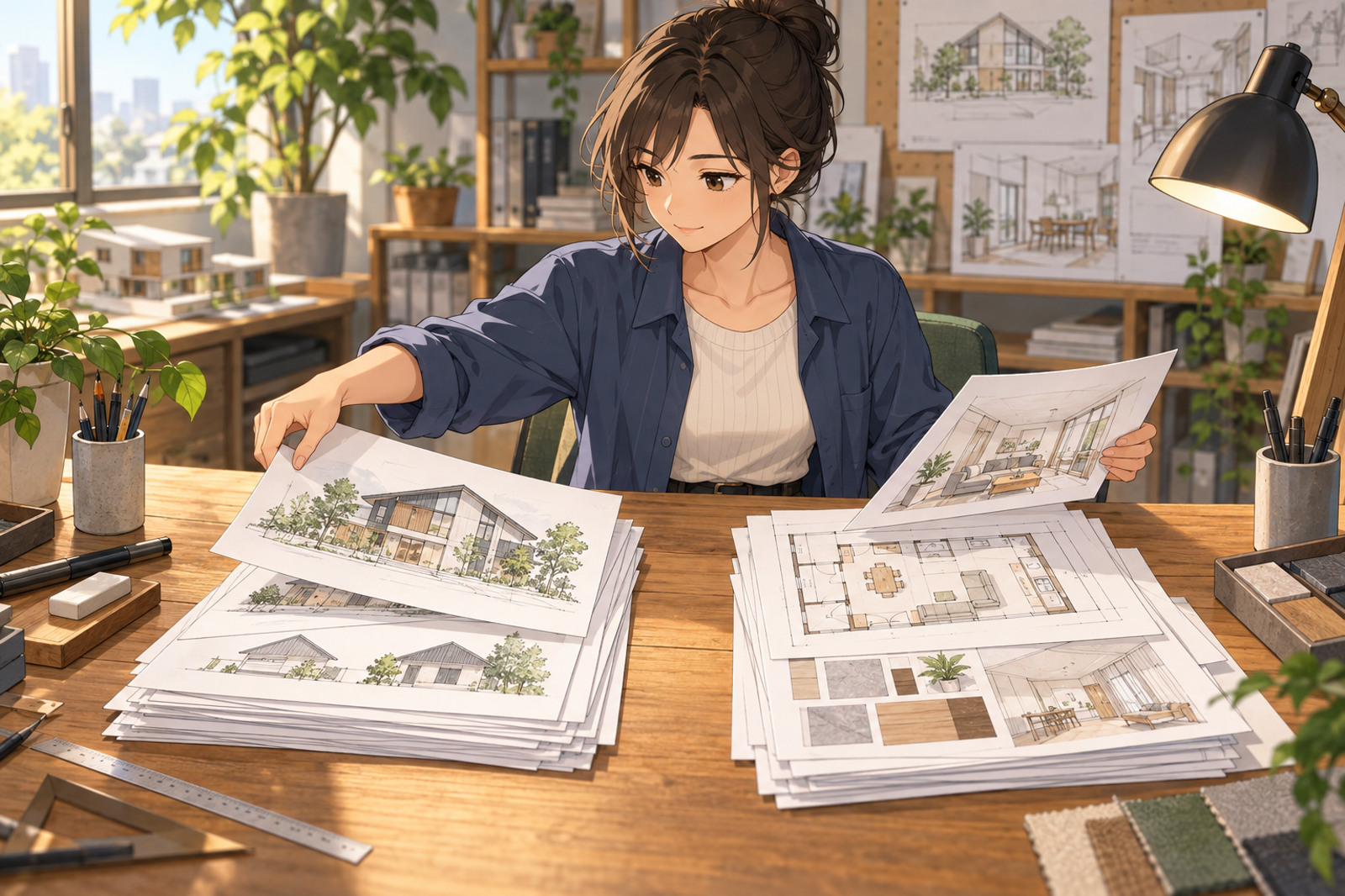 机の上の図面と資料を、外観用と内観用の2つの束に分けている人の挿絵