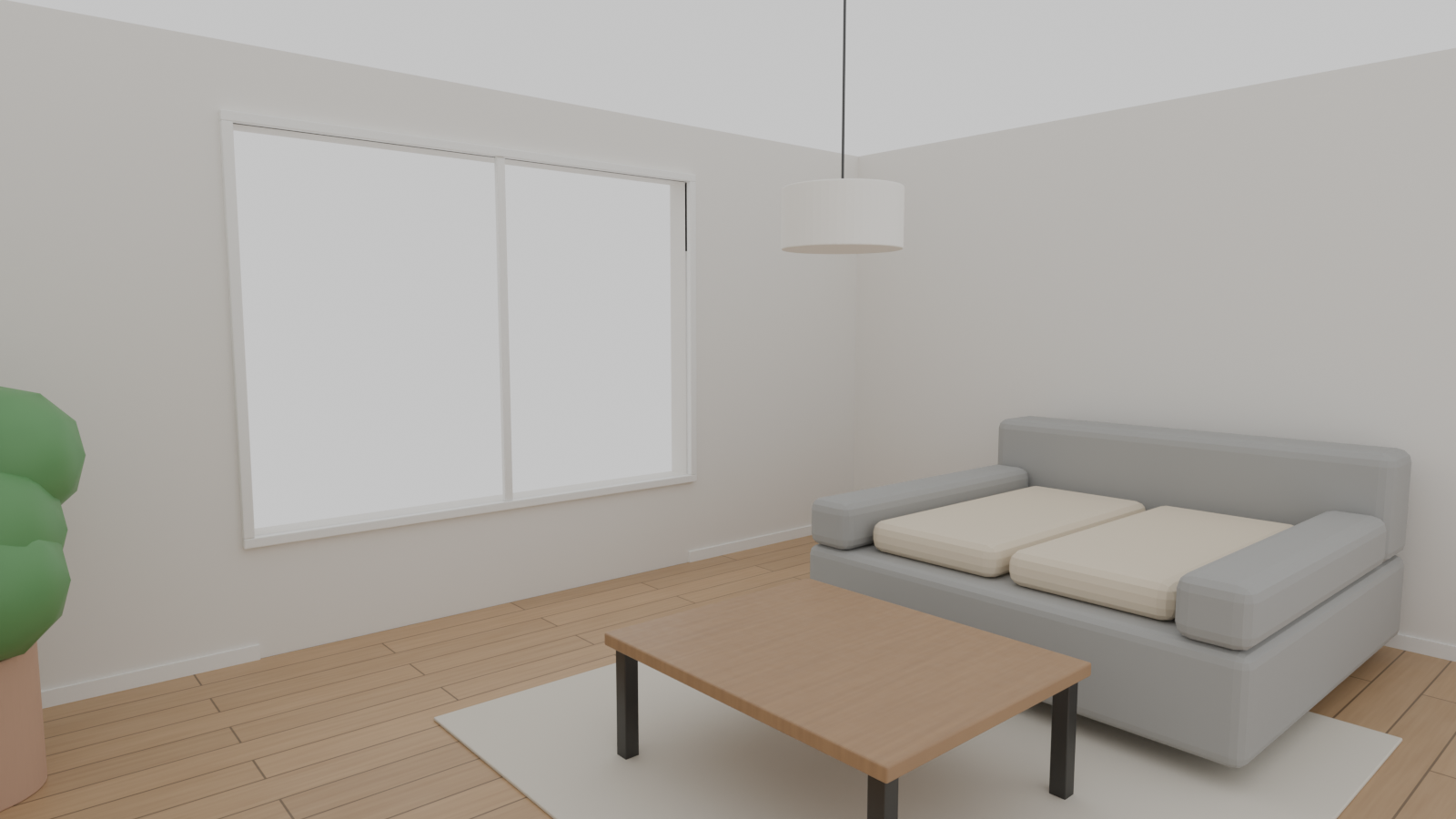 作例2。床や家具に素材と色を付けた居間