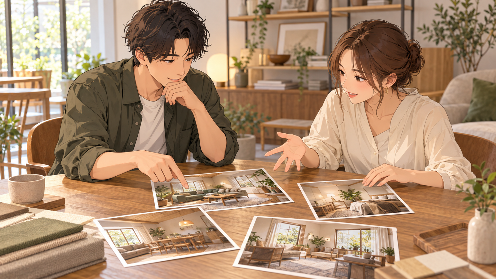 打ち合わせの机に、雰囲気の近い部屋の写真を何枚か並べて話している2人の挿絵