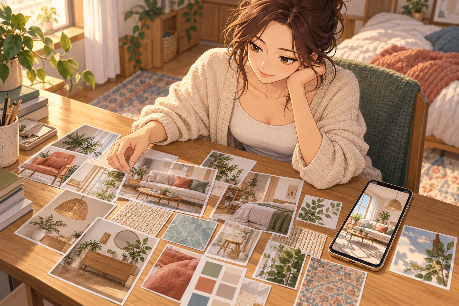 雑誌の切り抜きと、スマートフォンに出した部屋の写真を、机に集めている人の挿絵