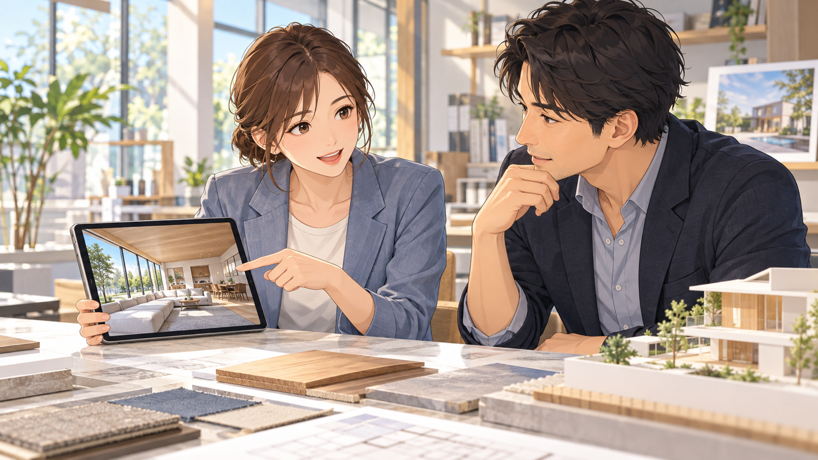 参考画像を見せながら、完成の姿を相手と確かめている人の挿絵