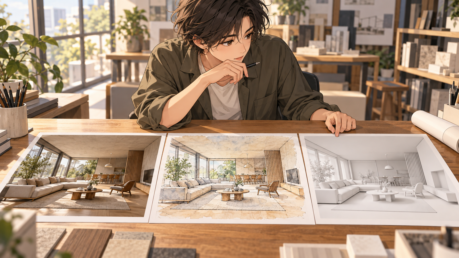 同じ部屋を、写真のような絵・手描き風の絵・白い形だけの絵の3つで描いて並べ、見比べている人の挿絵