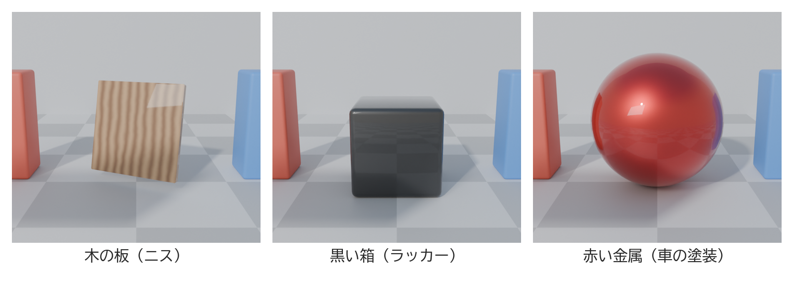 木の板・黒い箱・赤い金属の球に、それぞれコートを重ねて並べた画像