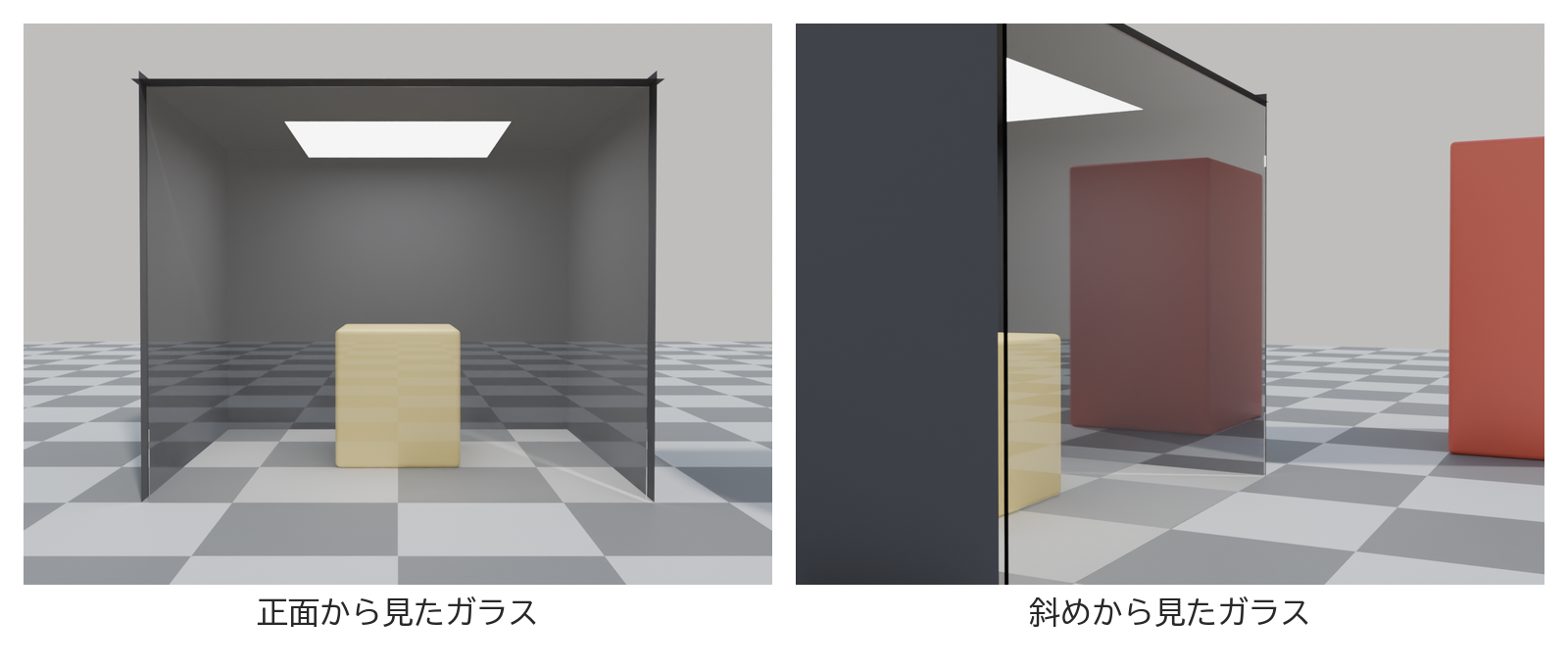 部屋の入口をふさいだガラスの板を、正面から写した画像と、斜めから写した画像を並べたもの