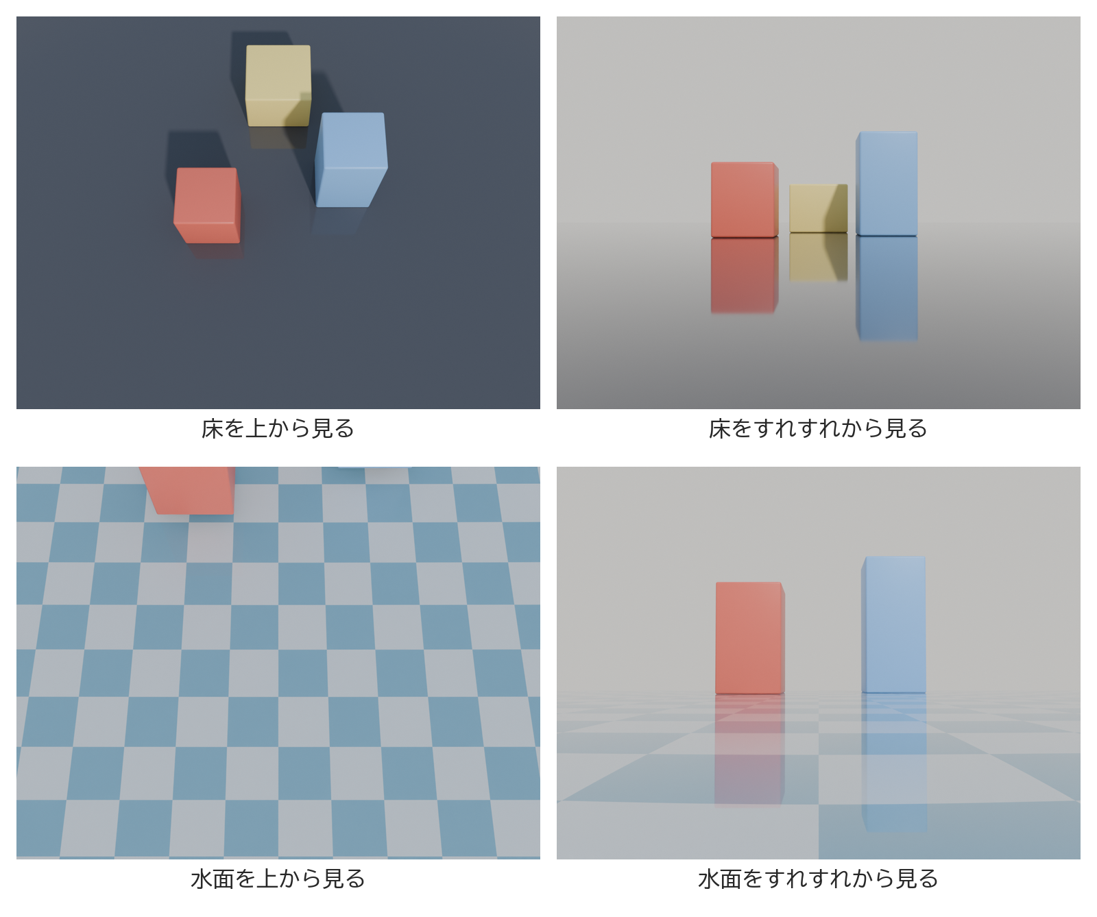 つやのある黒い床と水面を、上から見下ろした画像と、面すれすれから見た画像を並べたもの