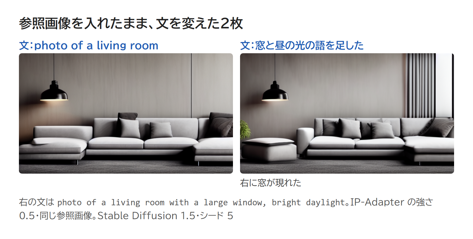 同じ参照画像を入れたまま、文に窓と昼の光の語を足して作った画像と、足す前の画像の2枚