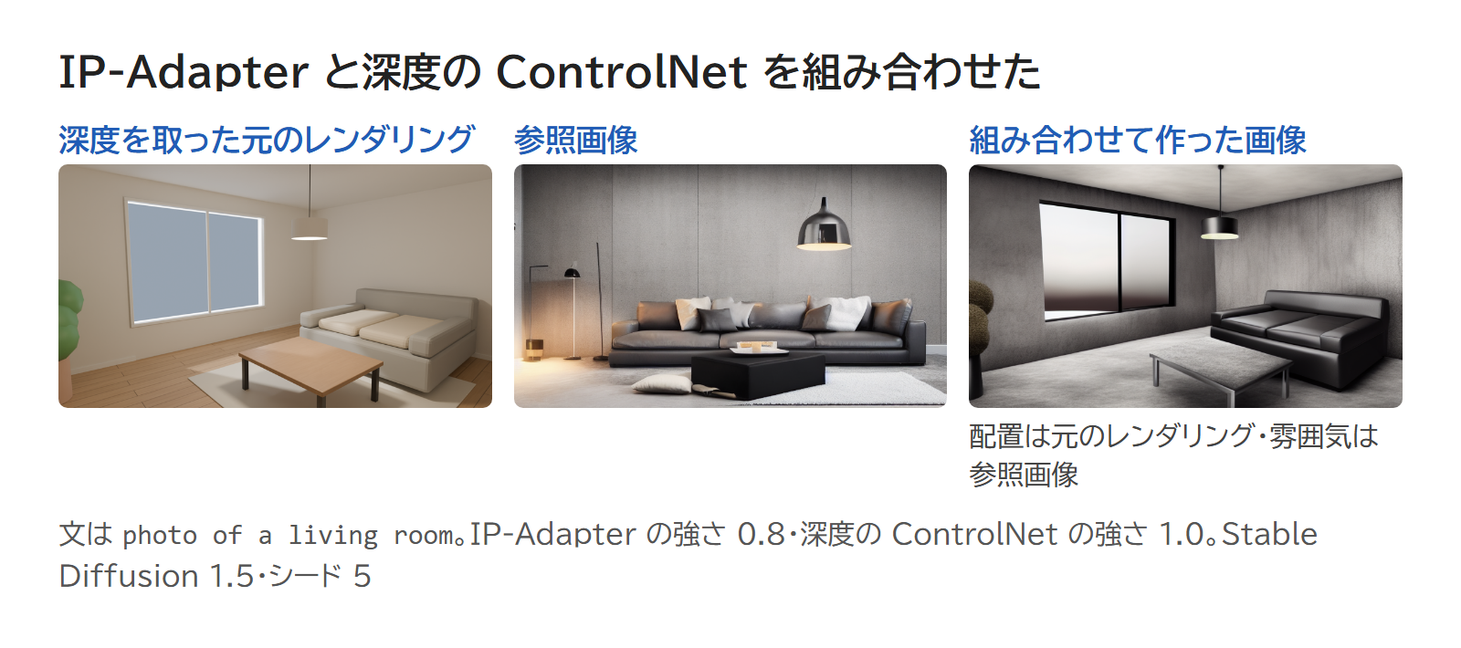 深度を取った元のレンダリングと参照画像から、IP-Adapter と深度の ControlNet を組み合わせて作った画像