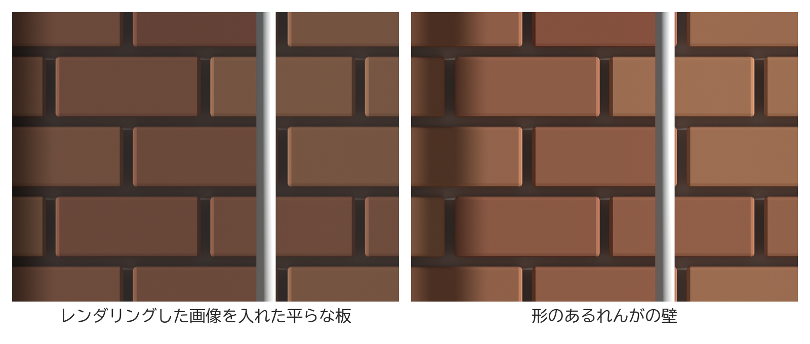「左から照らした壁」の画像をベースカラーに入れた平らな板と、形のあるれんがの壁を、どちらも右から照らしてレンダリングした画像を並べたもの