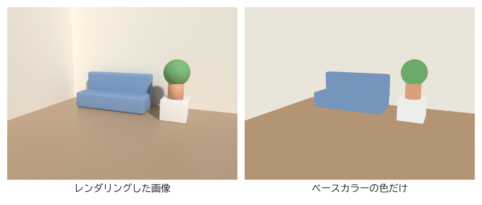 部屋の隅を Blender 5.2 でレンダリングした画像と、同じ場面のベースカラーの色だけを出した画像を並べたもの