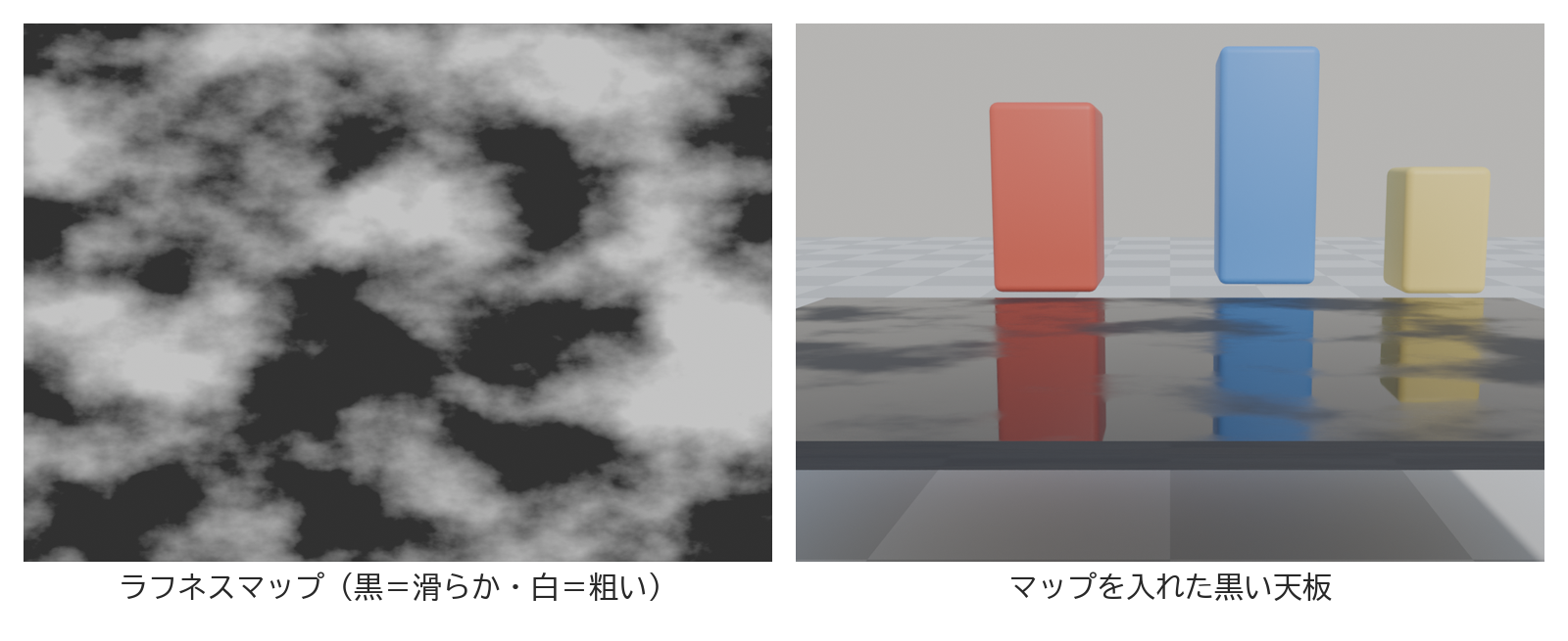 白黒のラフネスマップと、そのマップを入れた黒いつやのある天板を並べた画像
