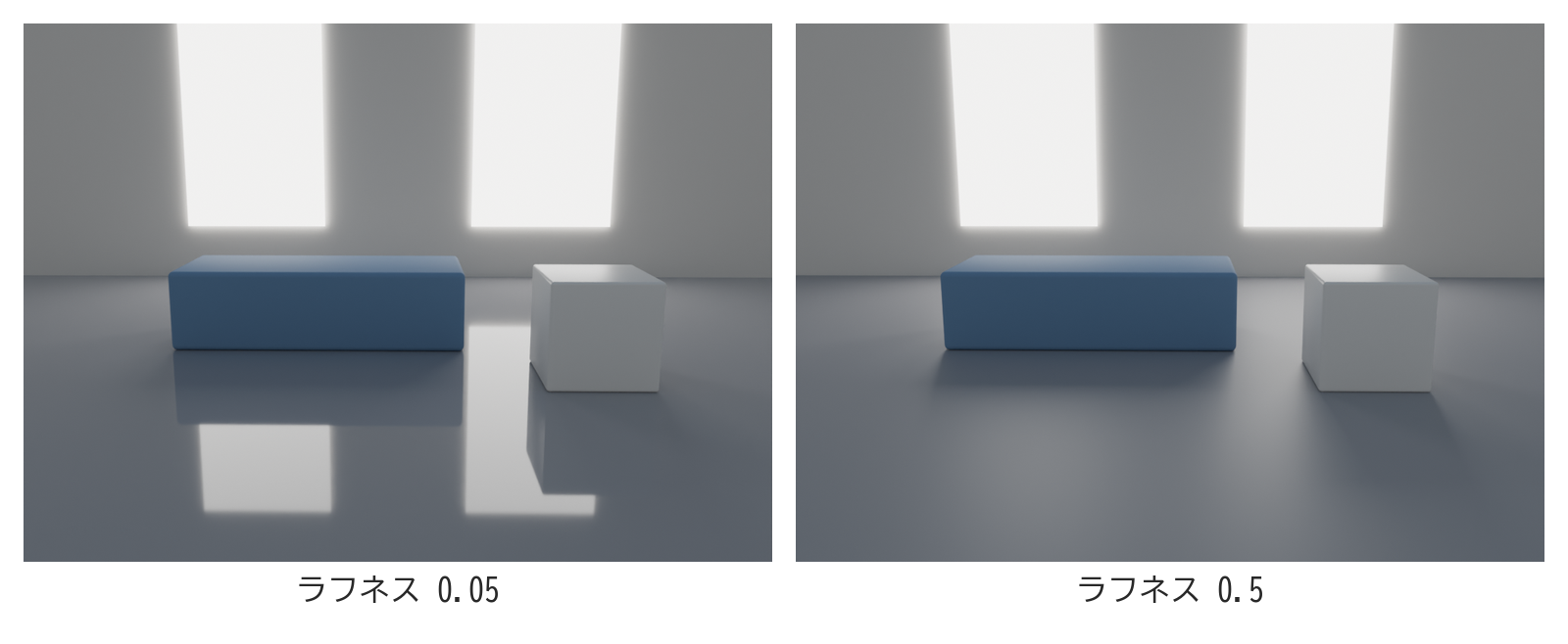 同じ部屋の床を、ラフネス0.05と0.5にして写した画像を並べたもの