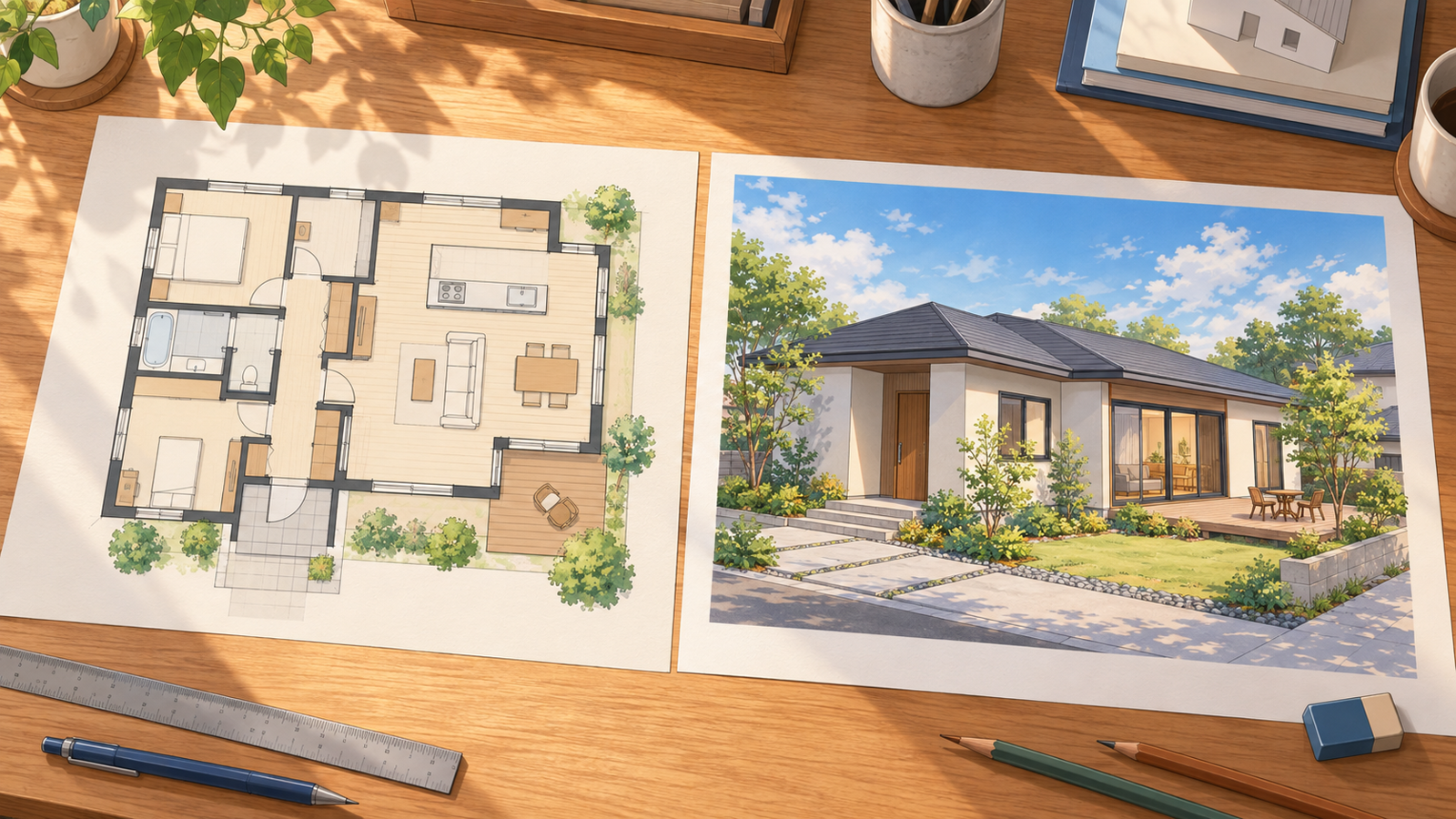 建物の平面図と、同じ建物を目で見たように描いたパースを並べた絵