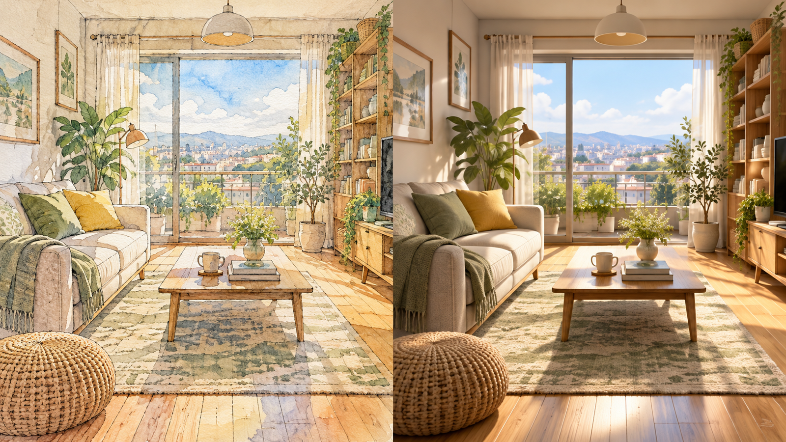 同じ部屋を、手描きのパースとCGパースで並べた絵