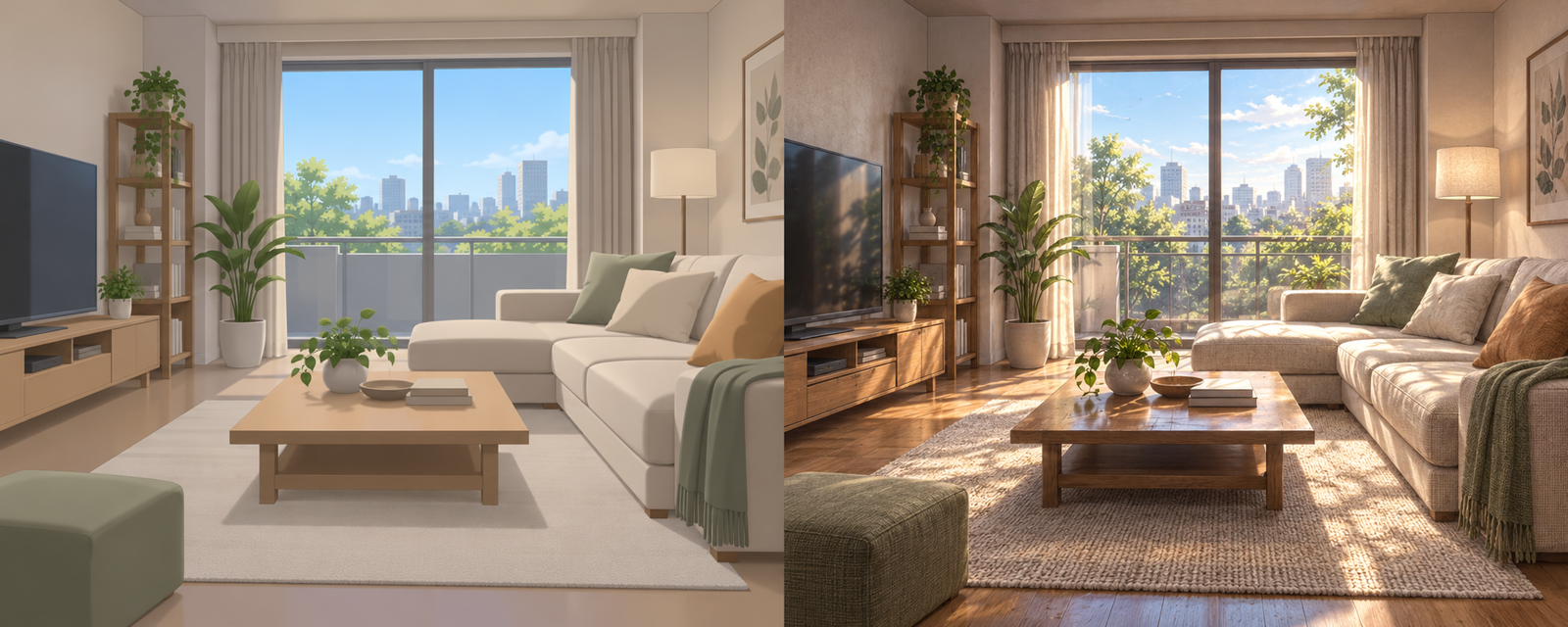 CGっぽく見える部屋の絵と、写真のように見える同じ部屋の絵を並べた絵