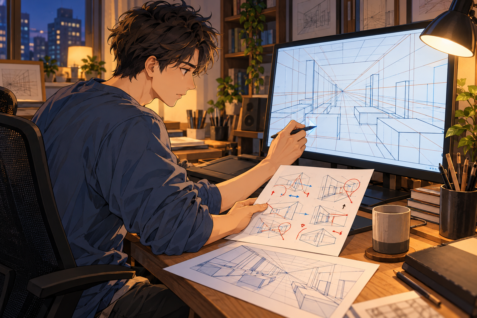 自分のパースを、原因の表と見比べながら直している人の挿絵