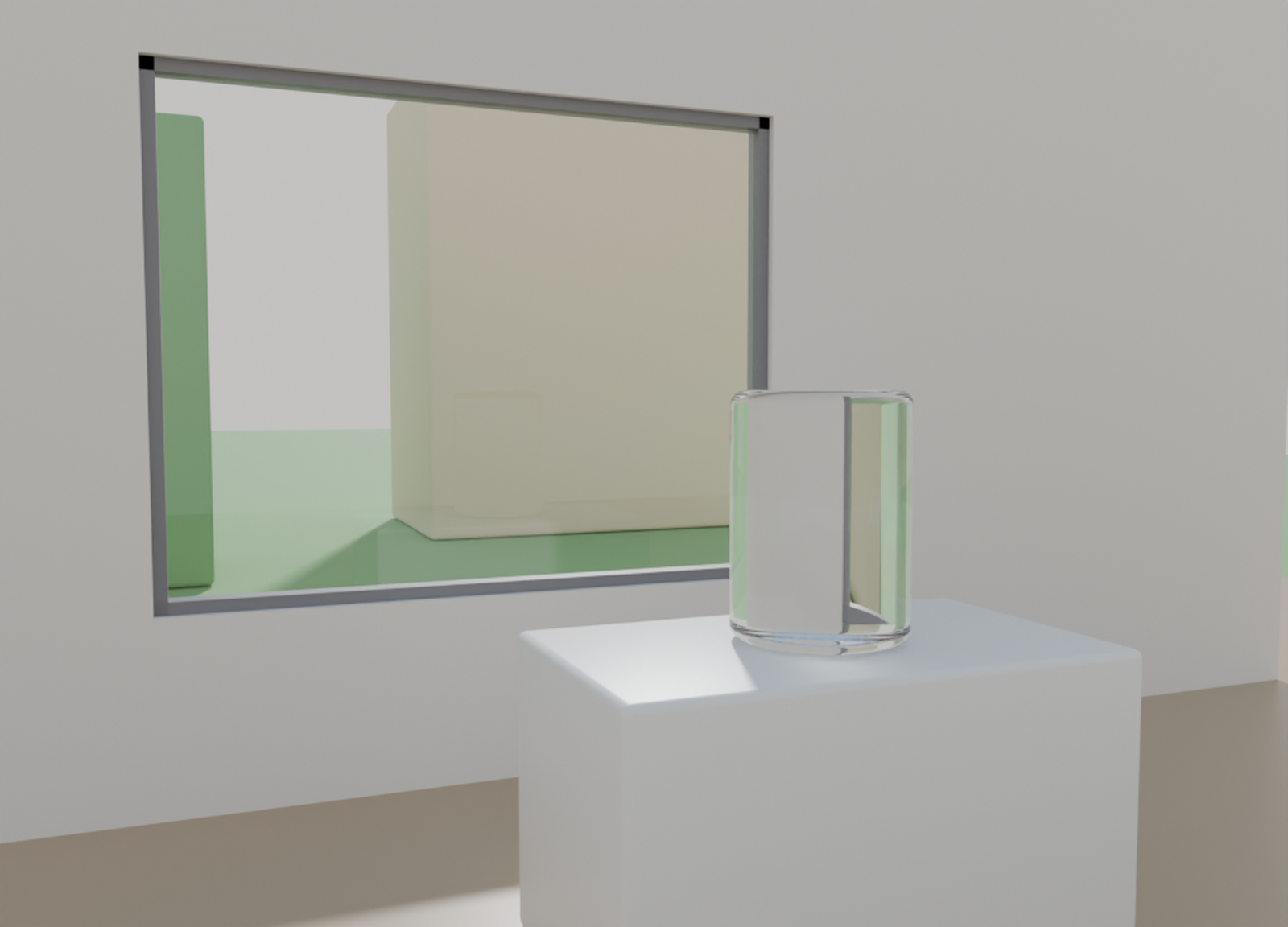 窓のガラスを Thin Wall の面で、台の上のガラスの塊を厚みのある形で作った部屋をレンダリングした画像