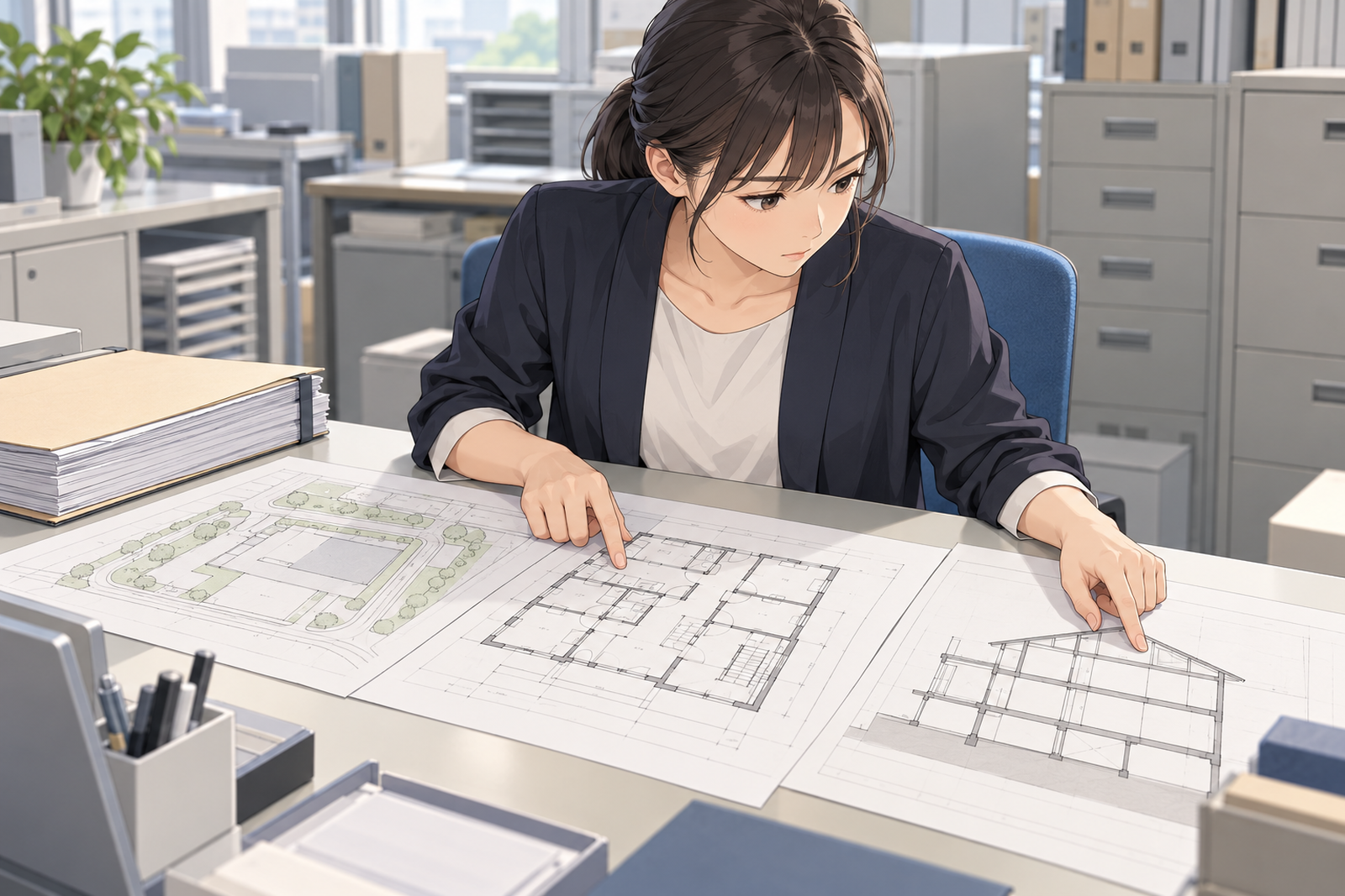 確認申請の審査の担当者が、申請書と図面を机に並べて見比べている場面