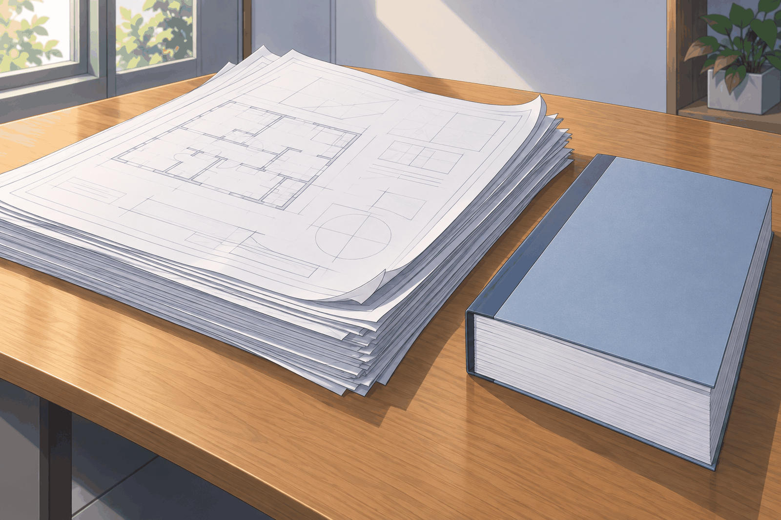 机の上に、何枚もの図面の束と、厚い冊子の仕様書が並んでいる