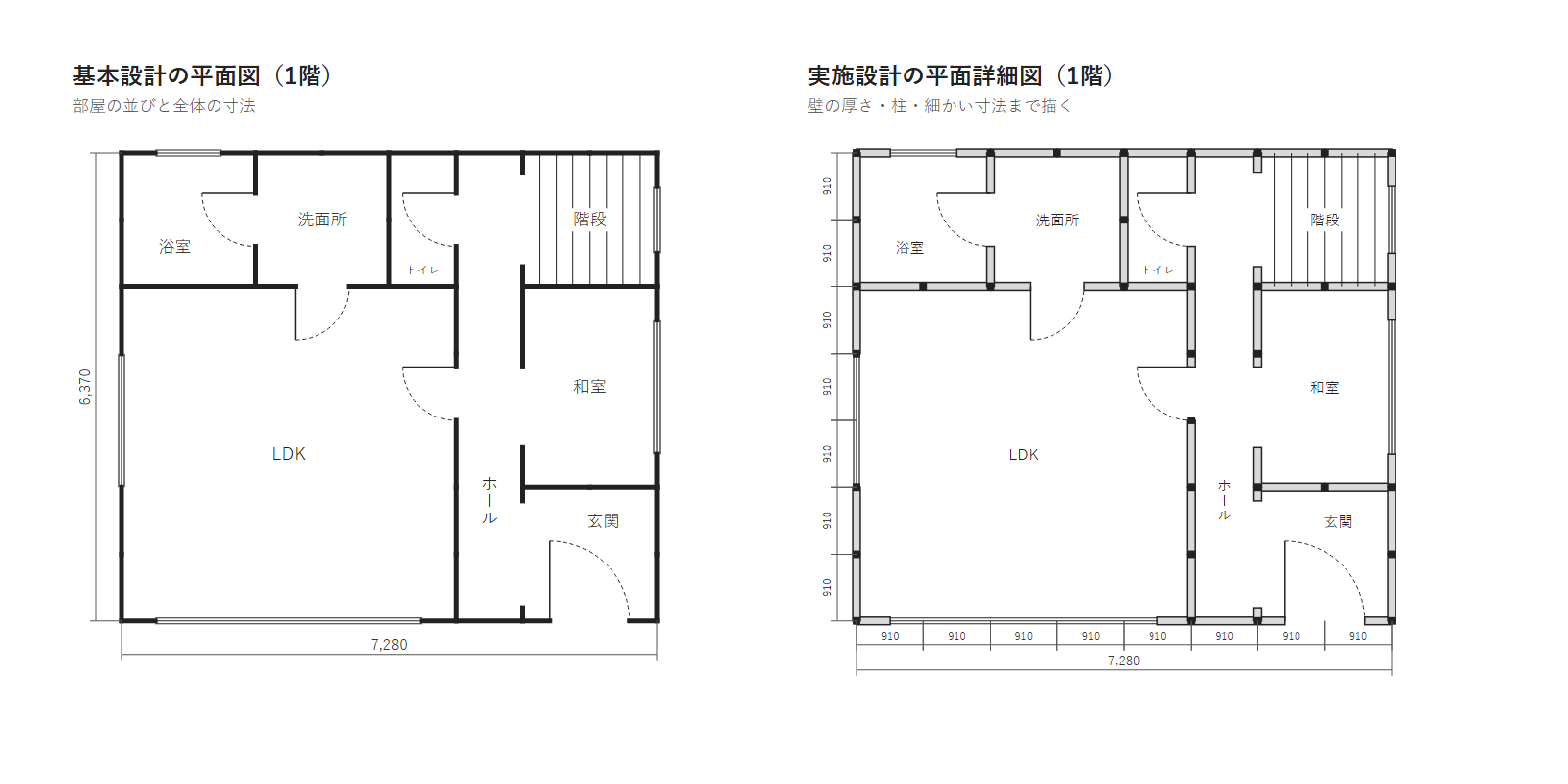 同じ木造2階建ての家の1階を、基本設計の平面図と、実施設計の平面詳細図で並べた図