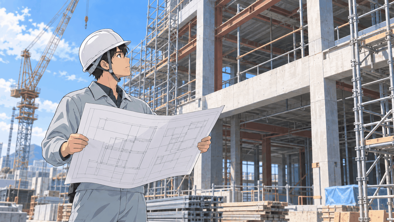 工事現場で、ヘルメットをかぶった人が図面を広げ、建てかけの建物と見比べている