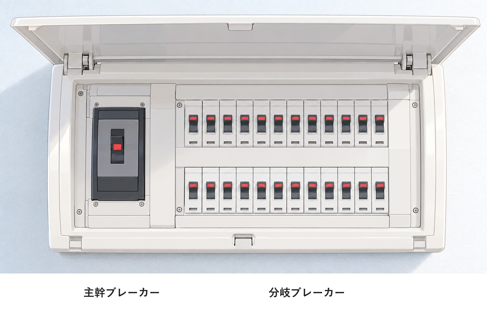 住宅の分電盤の実物の例。扉を開けた中に、主幹ブレーカーと分岐ブレーカーが並ぶ