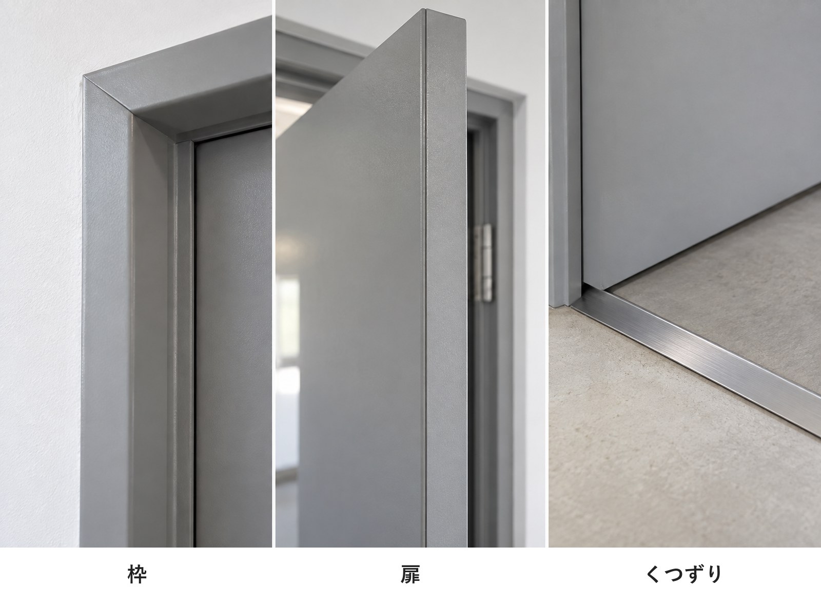 室内の鋼製の片開き戸の、枠の角、扉の縁、足もとのステンレスのくつずりを並べた写真