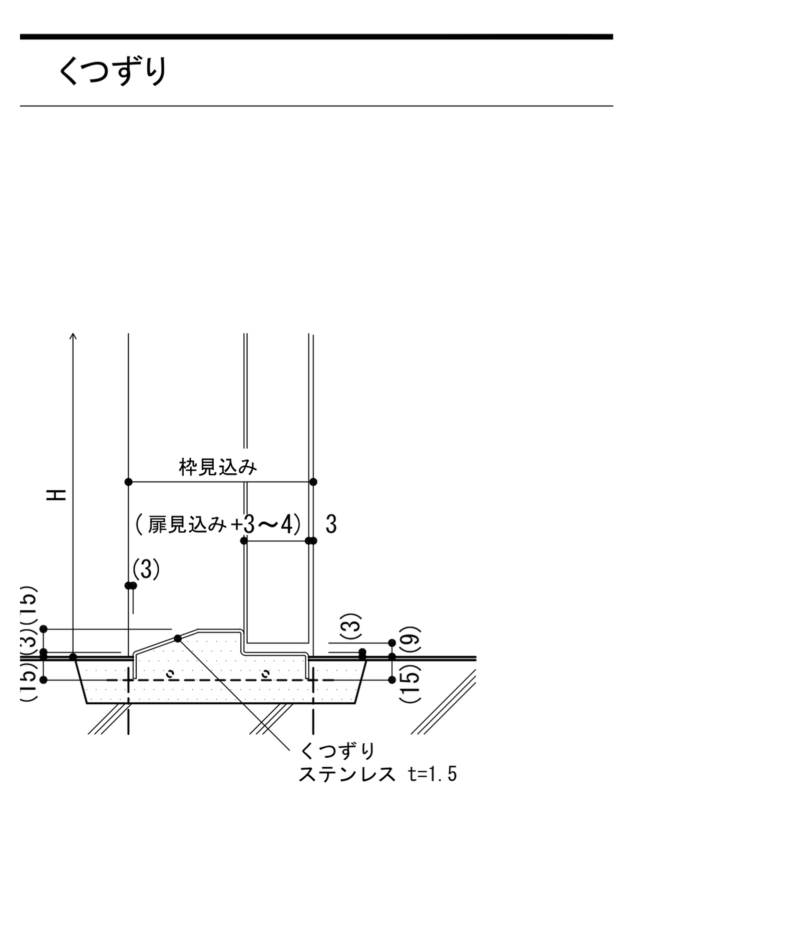 建築工事標準詳細図 4-31 の -4 くつずり。枠見込みと「扉見込み+3〜4」の寸法
