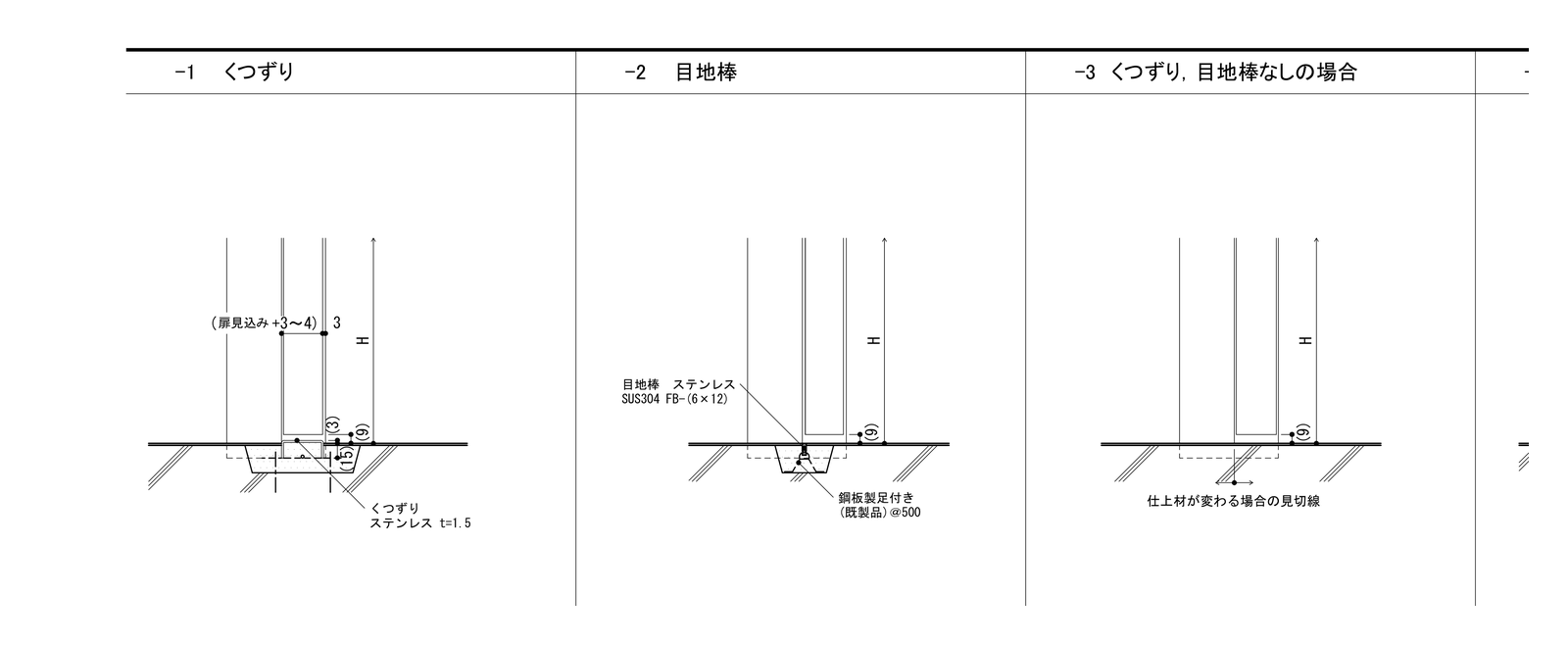 建築工事標準詳細図 4-31 の -1 くつずり、-2 目地棒、-3 くつずり・目地棒なしの場合