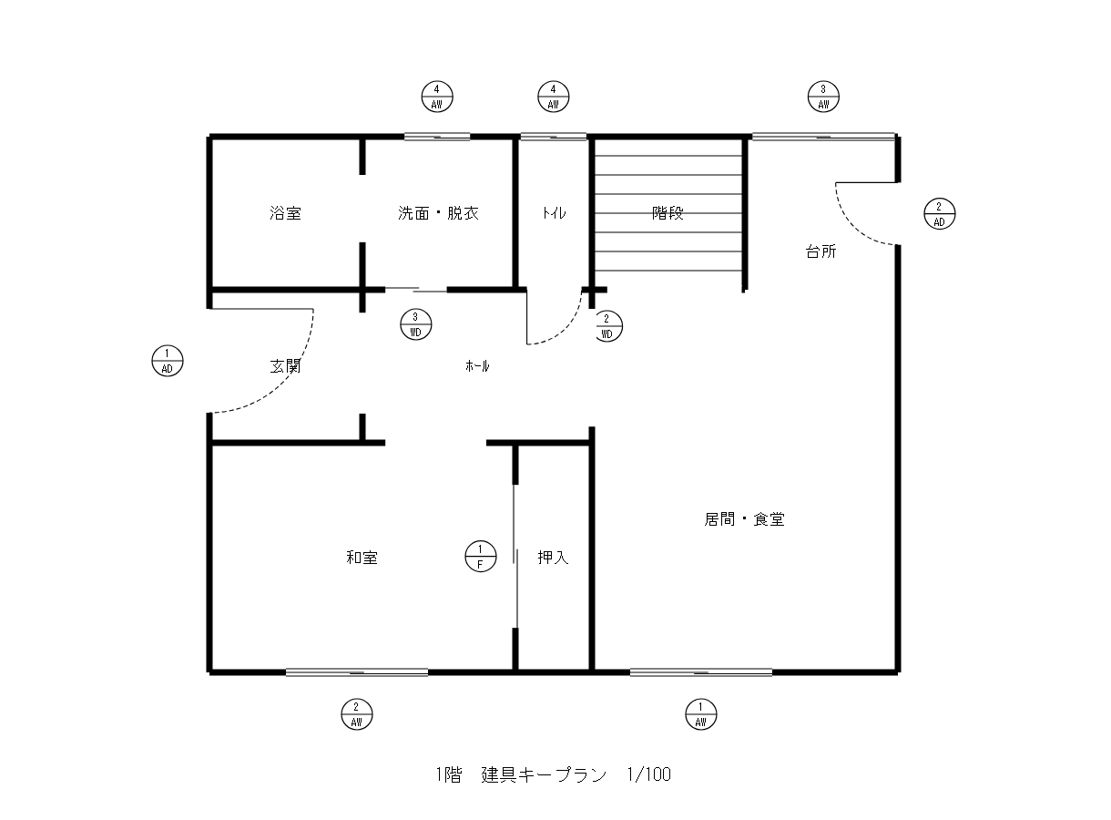 見本の建具キープラン。1階の平面の形に、窓と戸ごとに円の建具符号が書かれている