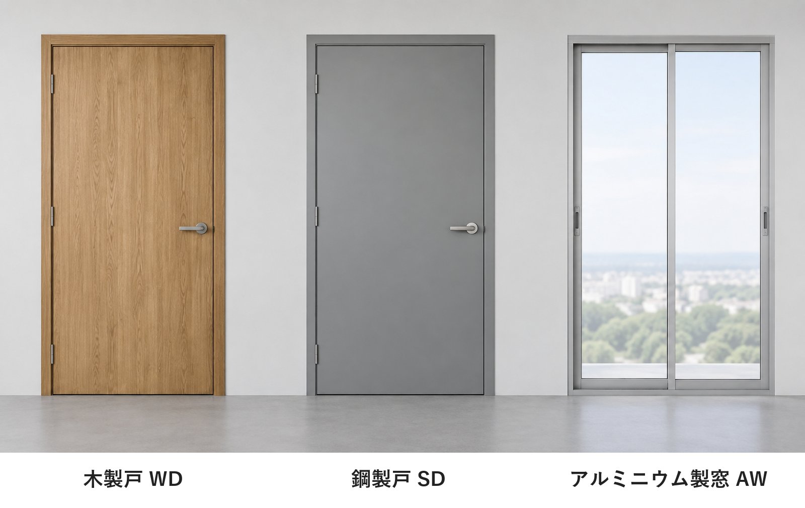 木製戸WD、鋼製戸SD、アルミニウム製窓AW