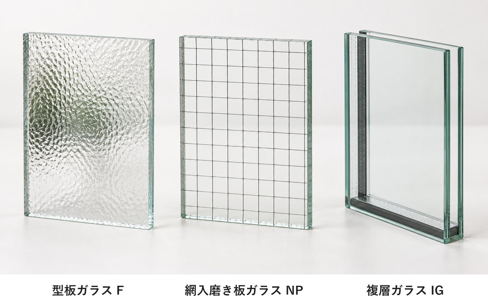 型板ガラスF、網入磨き板ガラスNP、複層ガラスIG