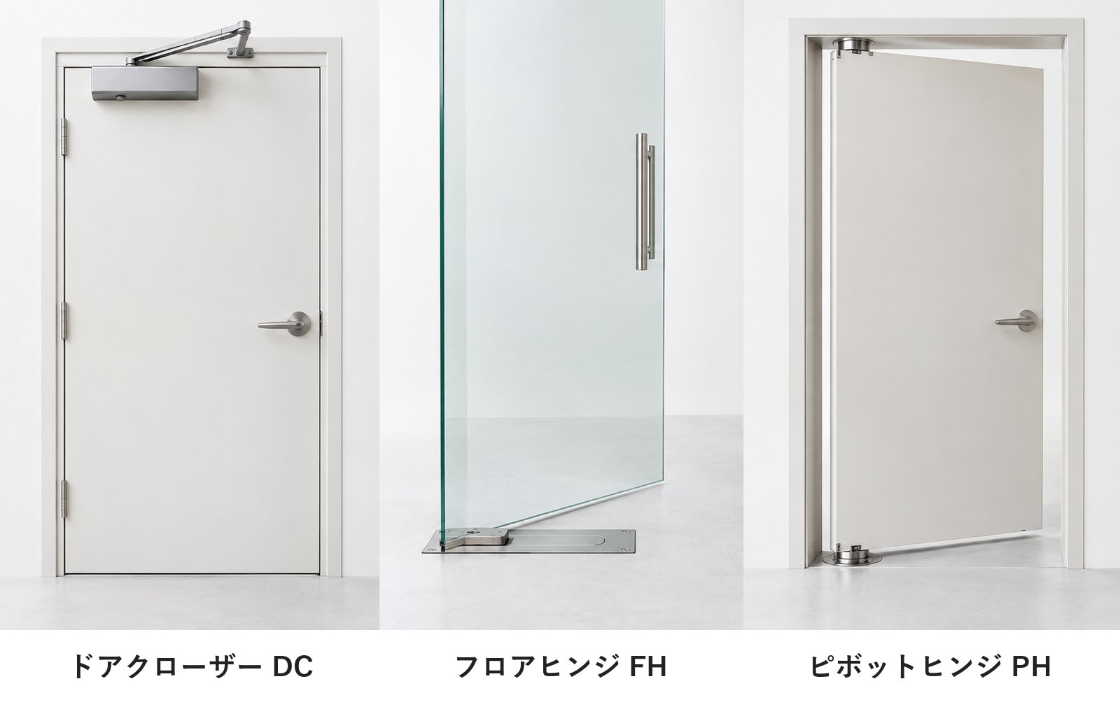 ドアクローザーDC、フロアヒンジFH、ピボットヒンジPH