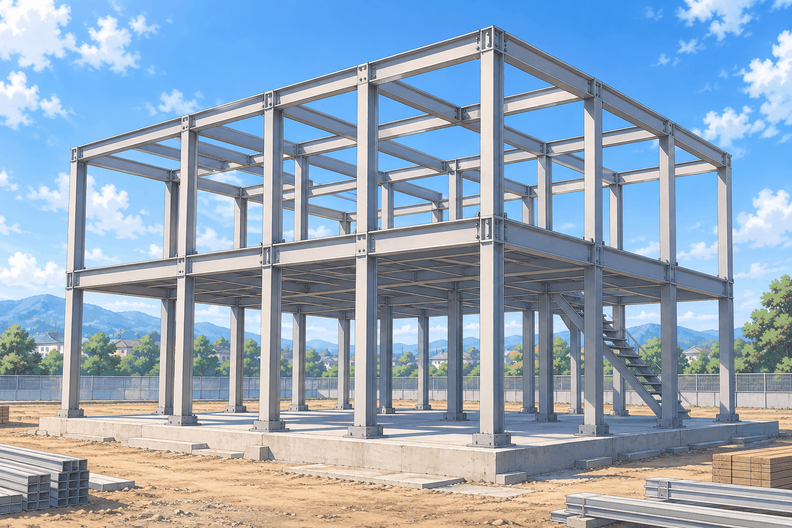 建設中の建物の、柱と梁の骨組みだけが見えている姿